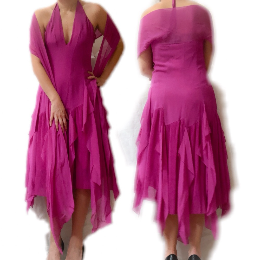 BCBGMAXAZRIA pink layered halter dress with shawl